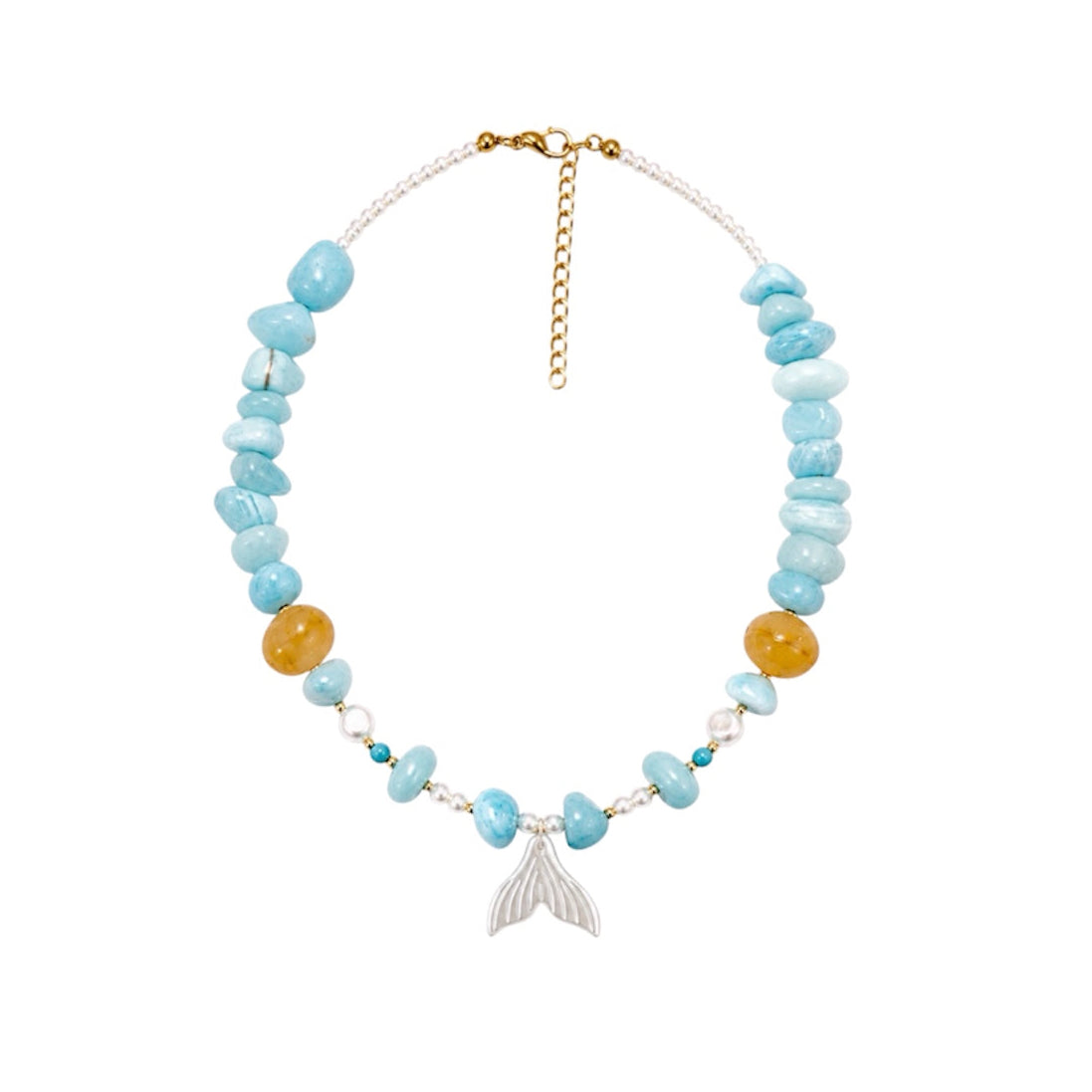 A beaded necklace featuring light blue stone chips, two amber-yellow beads, a silver mermaid tail charm, and a gold clasp, displayed on a clean white background.