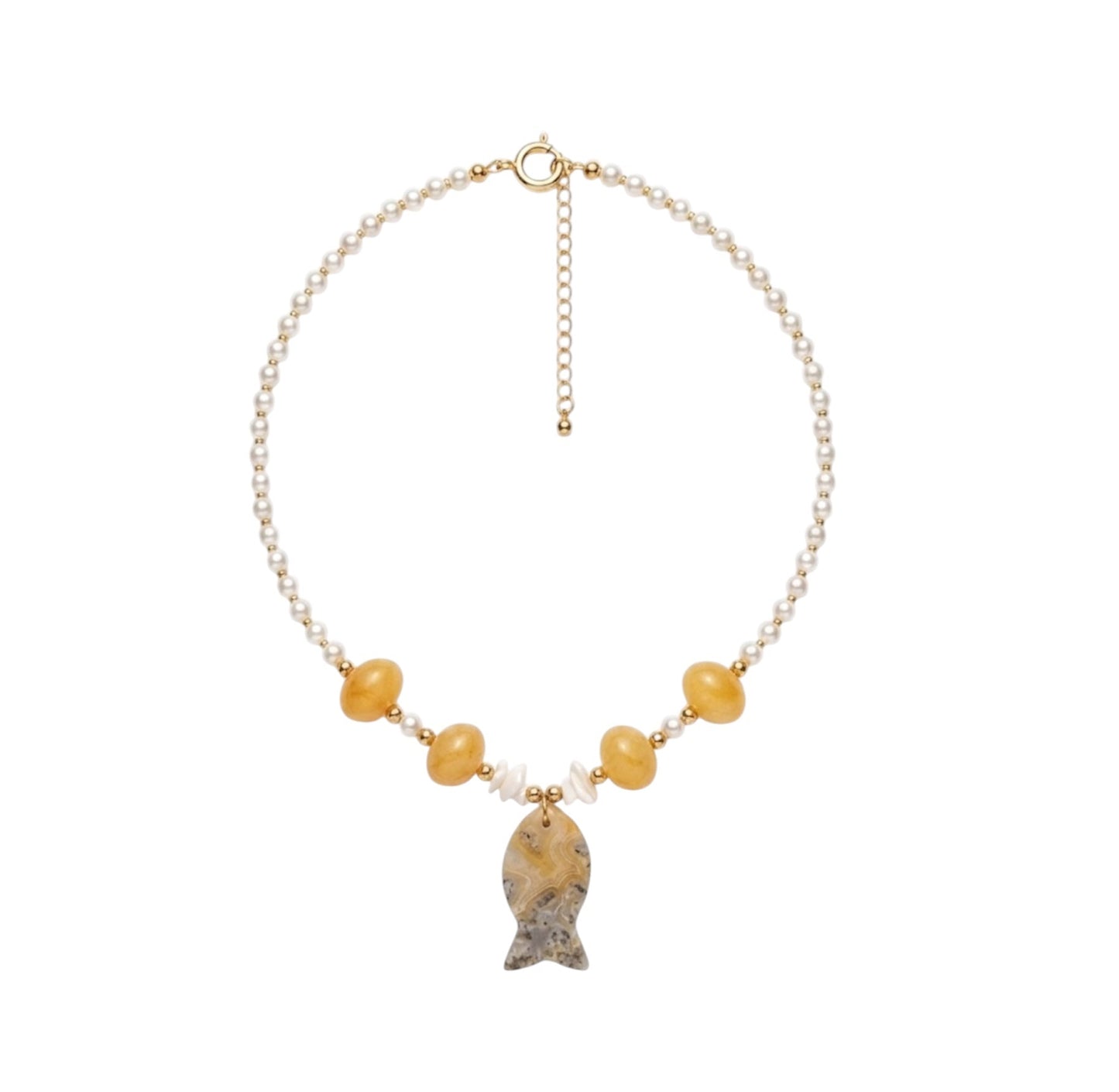 A delicate necklace featuring a gold-tone chain, small yellow beads, clear spacer beads, and a central fish-shaped stone pendant with a textured gray and gold pattern, displayed on a solid white background.