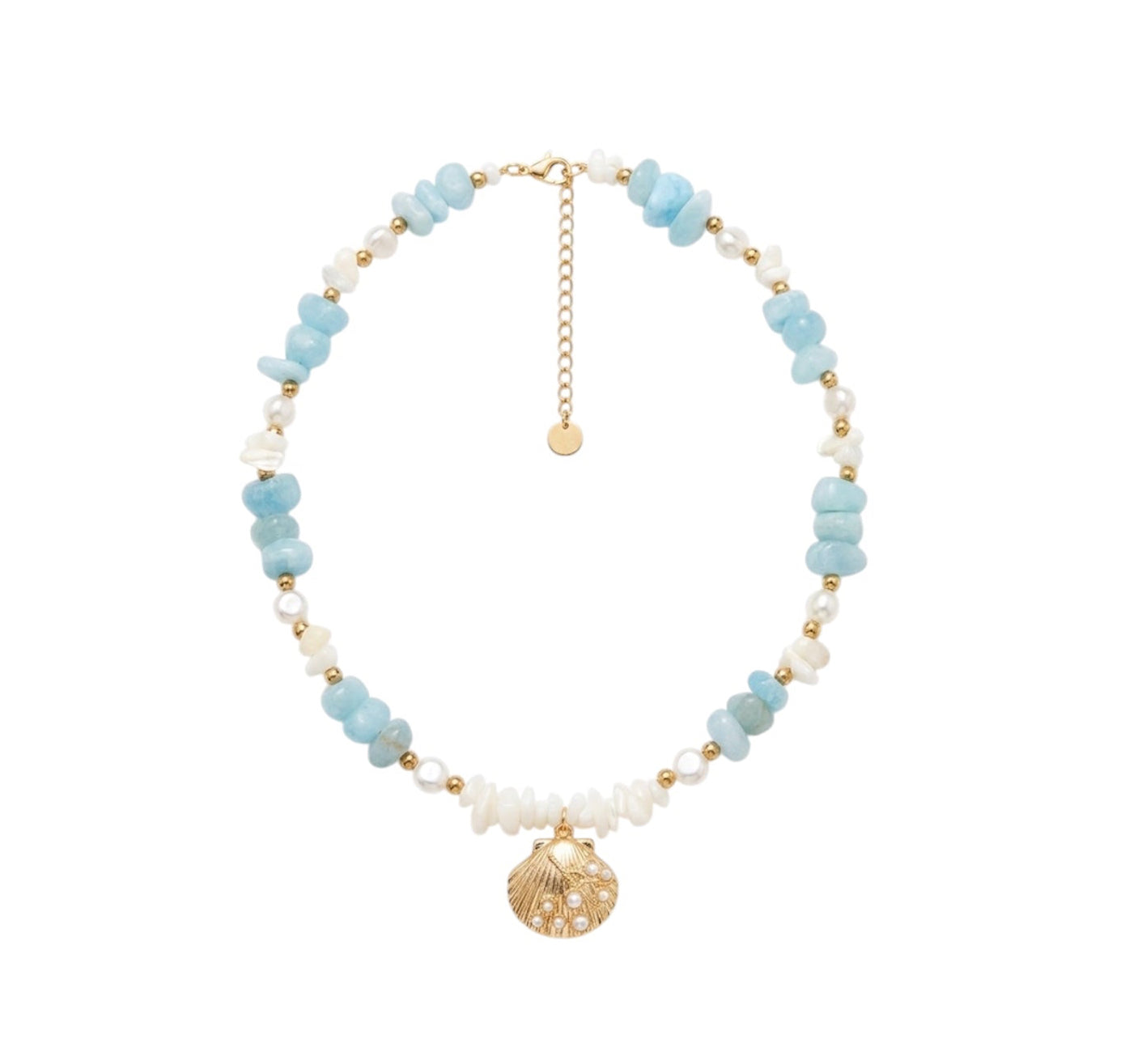 A delicate beaded necklace featuring light blue and white beads with gold spacer beads, a gold chain extender, and a gold seashell charm, displayed on a clean white background.